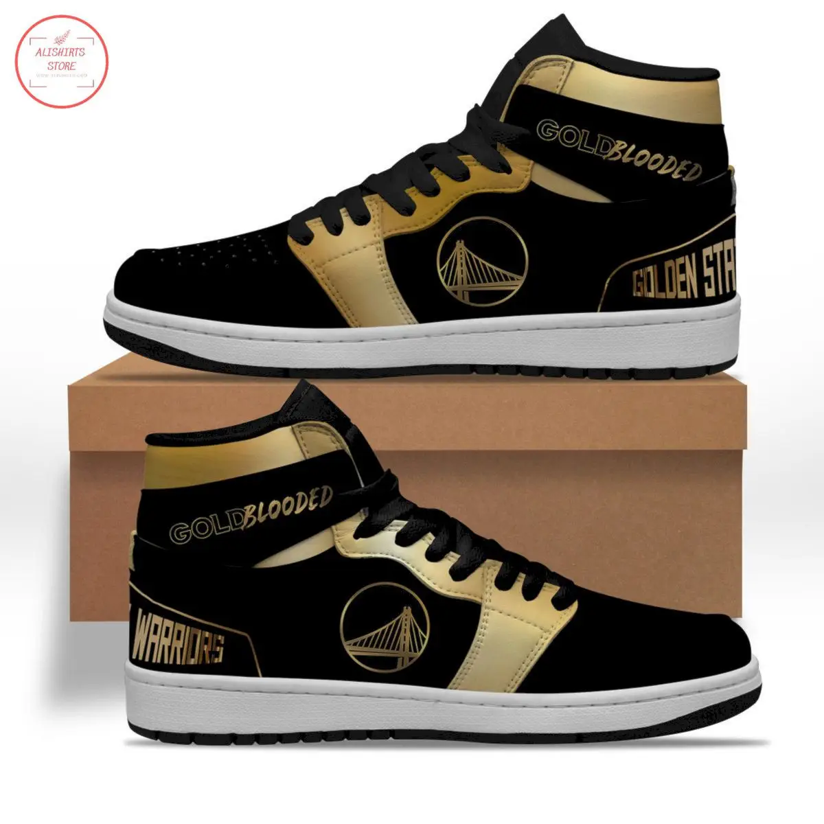 Air JD Hightop Shoes NBA Golden State Warriors Black Gold Blooded Air Jordan 1 High Sneakers