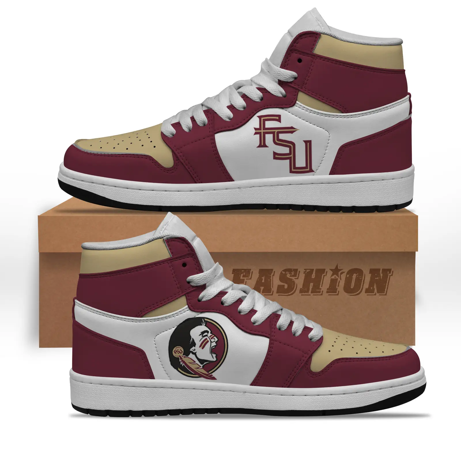 Air JD Hightop Shoes NCAA Florida State Seminoles Garnet Gold Air Jordan 1 High Sneakers Air JD Hightop Shoes NCAA Florida State Seminoles Garnet Gold Air Jordan 1 High Sneakers - Image 1