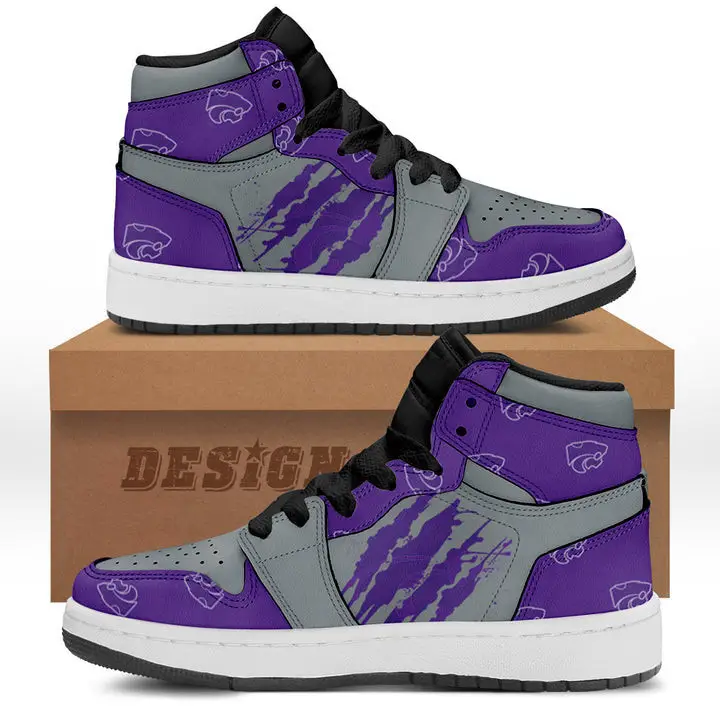 Air JD Hightop Shoes NCAA Kansas State Wildcats Purple Silver Scrath Air Jordan 1 High Sneakers