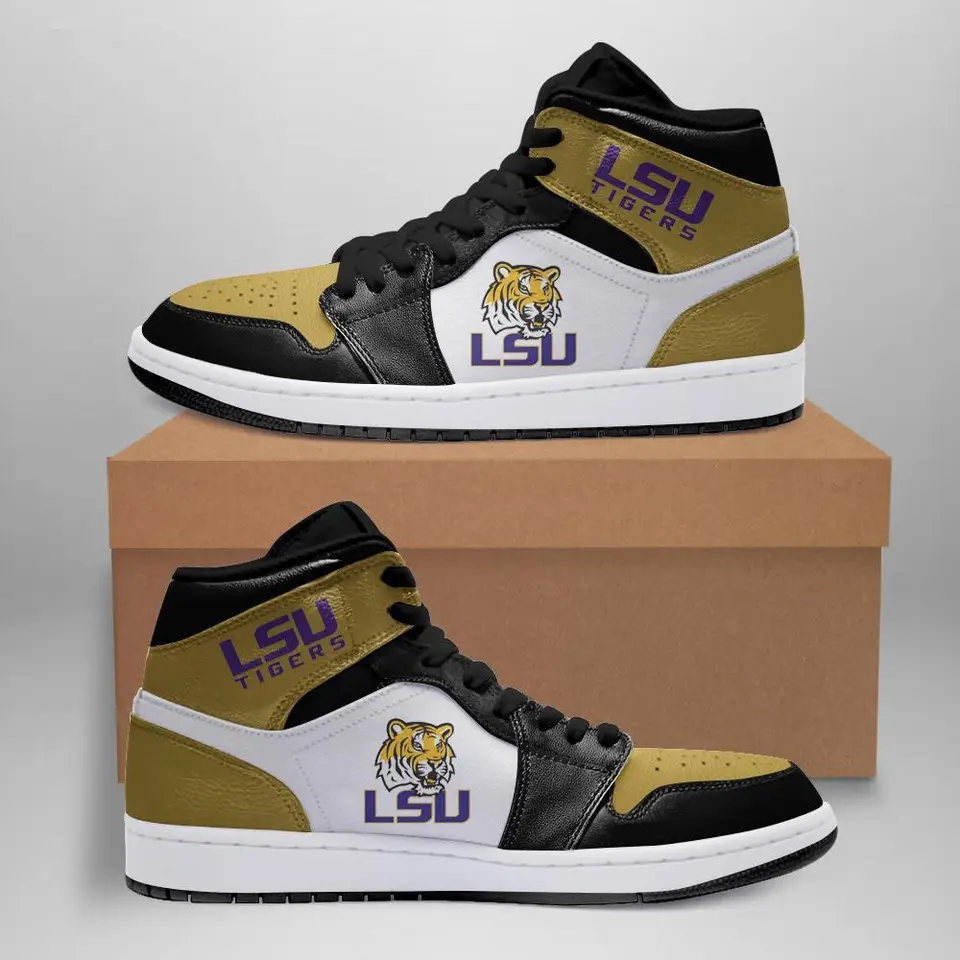 Air JD Hightop Shoes NCAA LSU Tigers Gold White Air Jordan 1 High Sneakers Air JD Hightop Shoes NCAA LSU Tigers Gold White Air Jordan 1 High Sneakers - Image 1