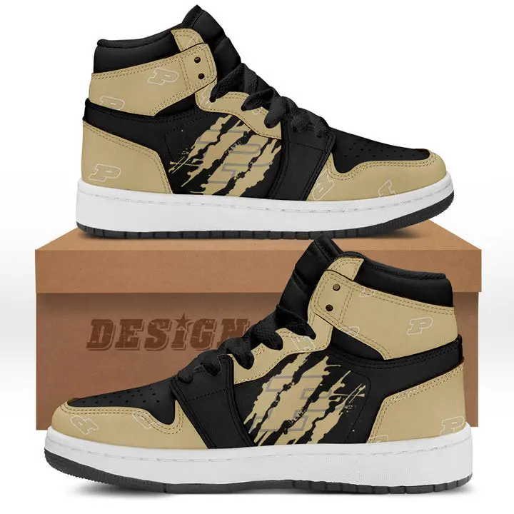 Air JD Hightop Shoes NCAA Purdue Boilermakers Gold Black Scratch Air Jordan 1 High Sneakers