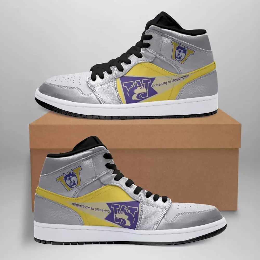 Air JD Hightop Shoes NCAA Washington Huskies Silver Gold Air Jordan 1 High Sneakers