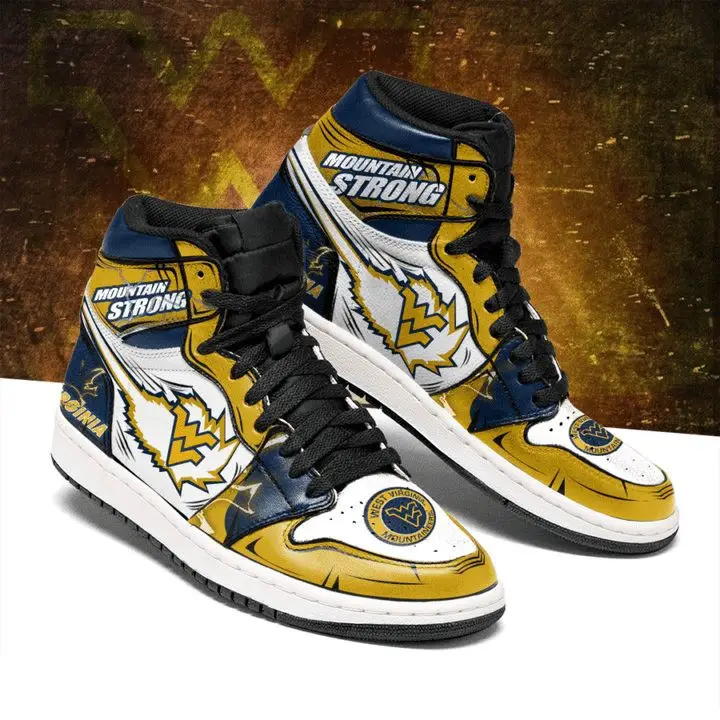 Air JD Hightop Shoes NCAA West Virginia Mountaineers Gold Blue Air Jordan 1 High Sneakers