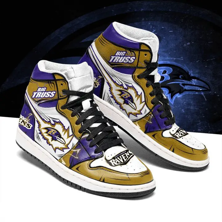 Air JD Hightop Shoes NFL Baltimore Ravens Gold Purple Air Jordan 1 High Sneakers Air JD Hightop Shoes NFL Baltimore Ravens Gold Purple Air Jordan 1 High Sneakers - Image 1