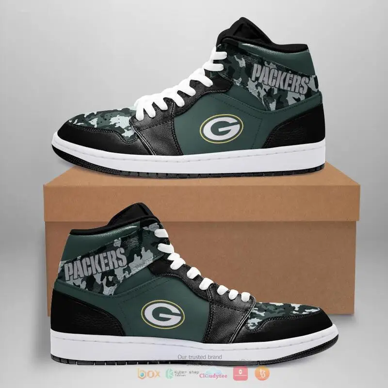 Air JD Hightop Shoes NFL Green Bay Packers Green Black Camo Sneaker Air Jordan 1 High Sneakers