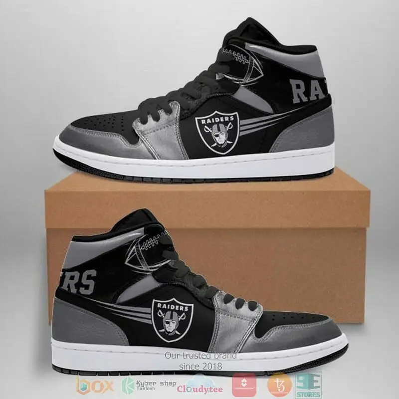 Air JD Hightop Shoes NFL Las Vegas Raiders Silver Black Air Jordan 1 High Sneakers Air JD Hightop Shoes NFL Las Vegas Raiders Silver Black Air Jordan 1 High Sneakers - Image 1