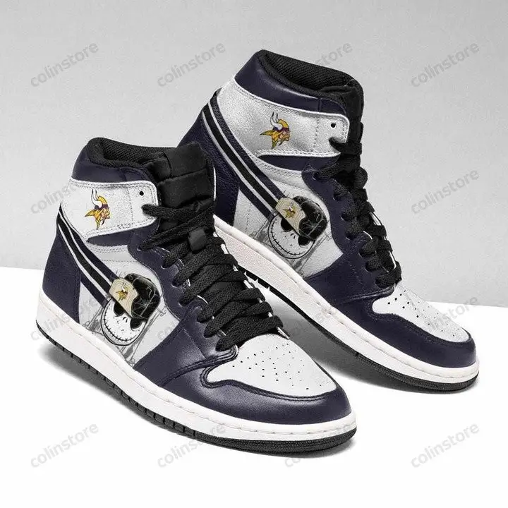 Air JD Hightop Shoes NFL Minnesota Vikings Black White Jack Skellington Air Jordan 1 High Sneakers