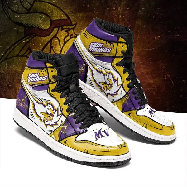 Air JD Hightop Shoes NFL Minnesota Vikings Yellow Purple Logo Pattern Air Jordan 1 High Sneakers