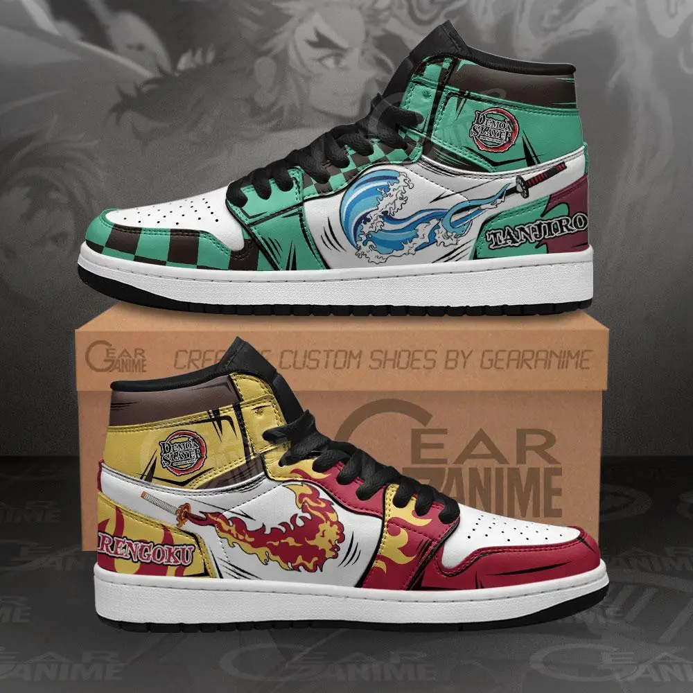 Air JD Hightop Shoes Tanjiro and Rengoku JD1s Sneakers Custom Breathing Demon Slayer Anime Shoes