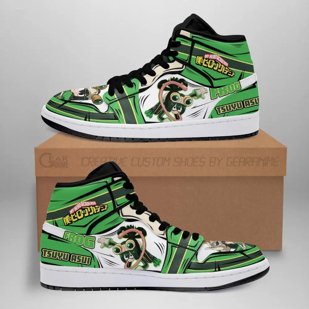Air JD Hightop Shoes Tsuyu Asui JD1s Sneakers Custom BNHA Froppy Shoes