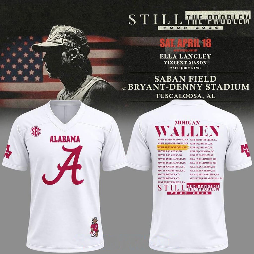 Alabama Crimson Tide X Morgan Wallen 2026 Tour Schedule Football Jersey White Fan Merch Gifts