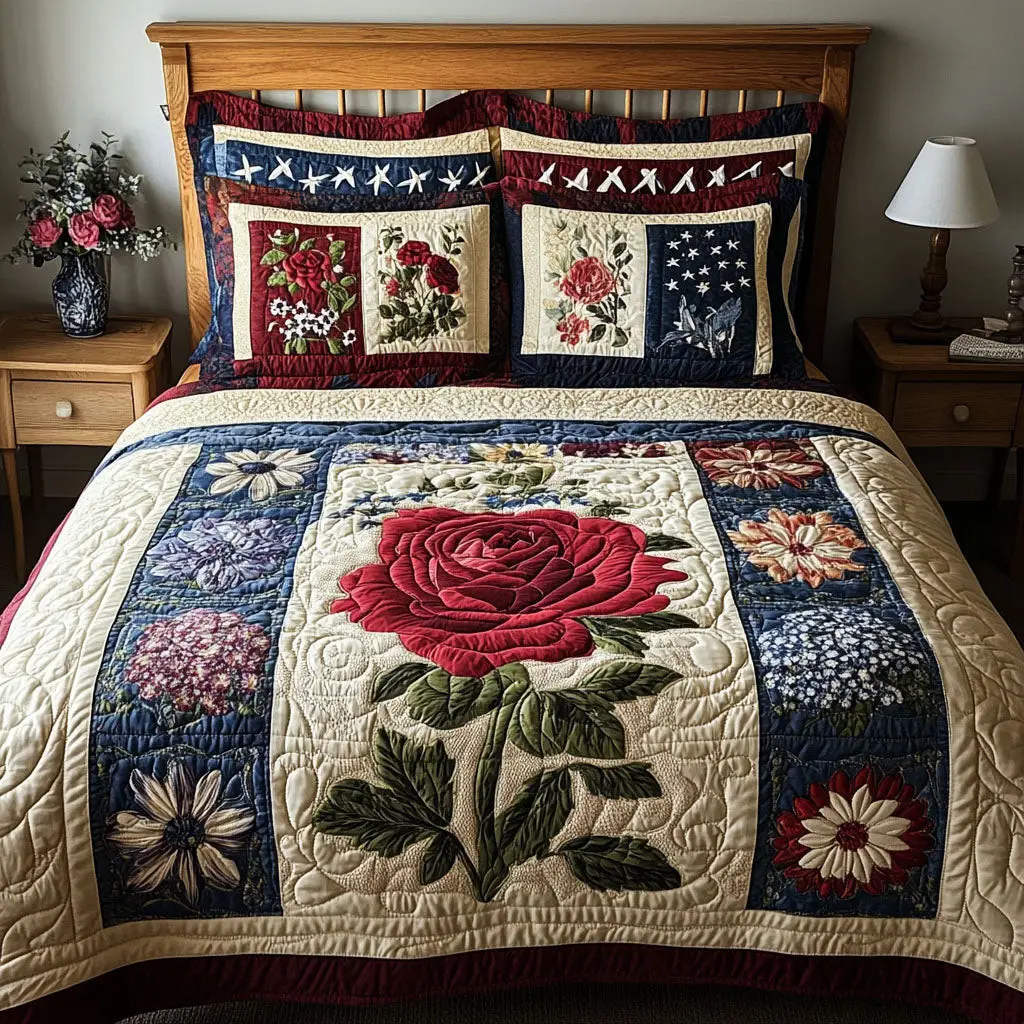 All-American Floral  Quilted Bedding Set  Bed Sheet Set Fourth Of July Hostess Gifts