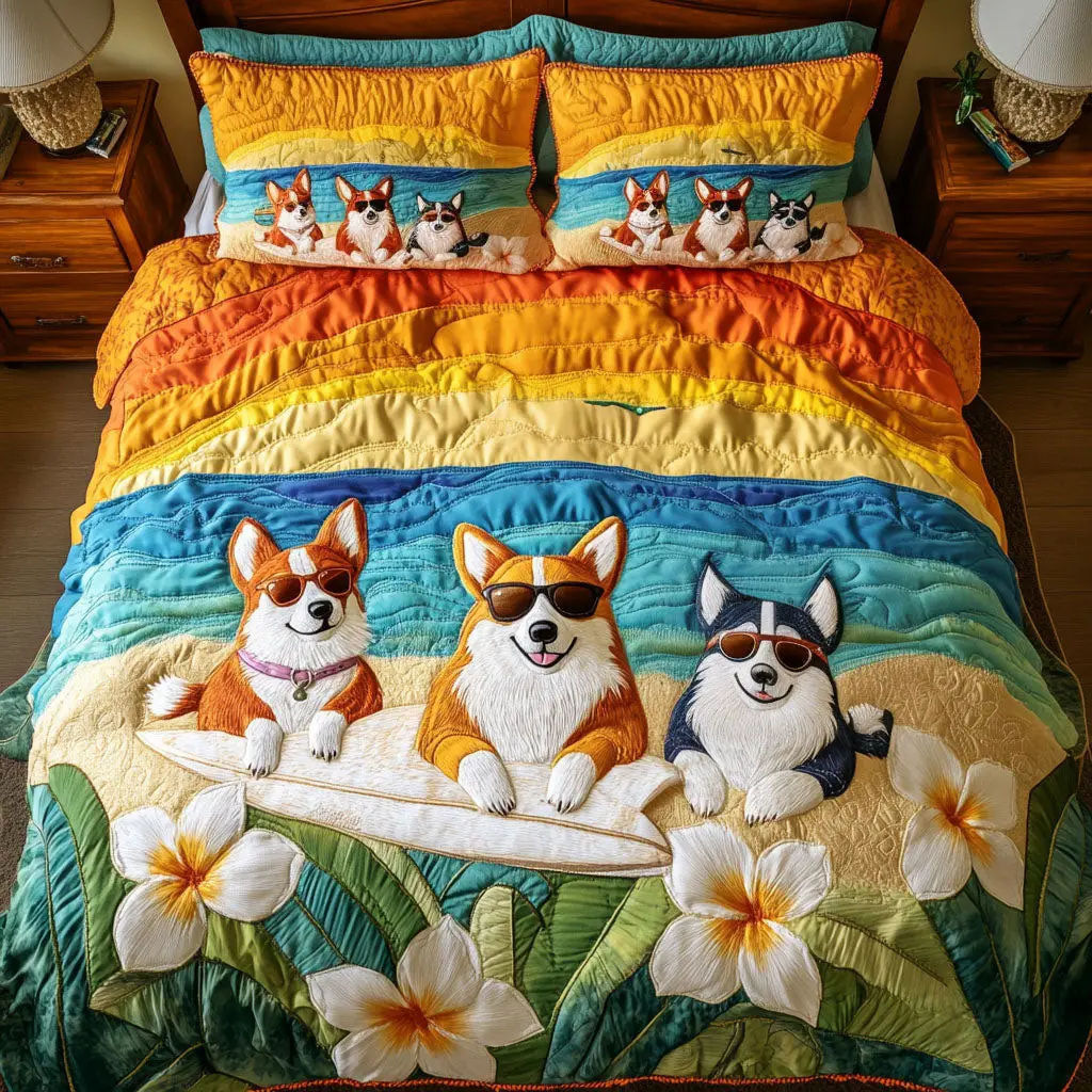 Aloha Corgi Surf Quilted Bedding Set Cozy Bedding Merch Gift That Brings Sweet Dreams