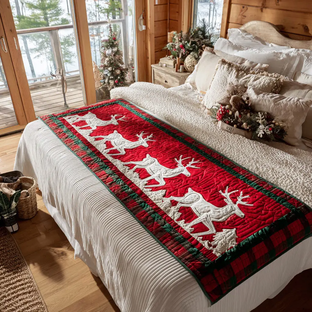 Alpine Reindeer Quilted Bed Runner Alpine Reindeer Snow Winter Gift