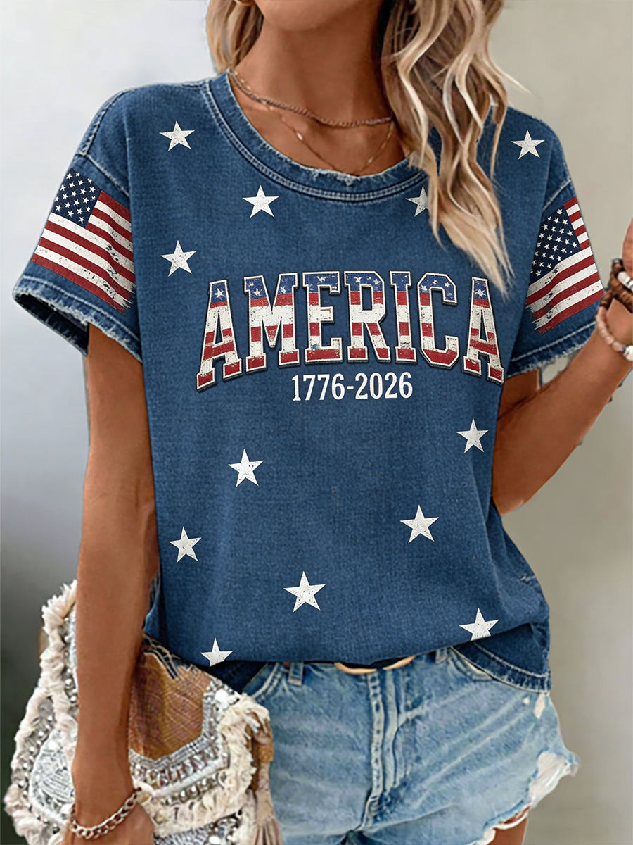 America 1776 2026 Womens T-Shirt Patriotic Graphic Tees Stars Stripes 250th Anniversary Gift
