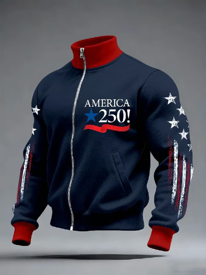 America 250 Collar Zippered Jacket Patriotic USA 250th Anniversary Stars Stripes Gift For Dad America 250 Collar Zippered Jacket Patriotic USA 250th Anniversary Stars Stripes Gift For Dad - Image 1