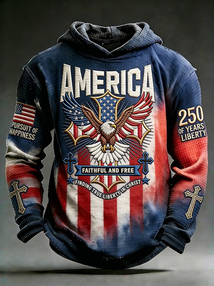 America 250 Of Years Liberty Waffle Hoodie Faithful And Free Pullover Gift For Dad