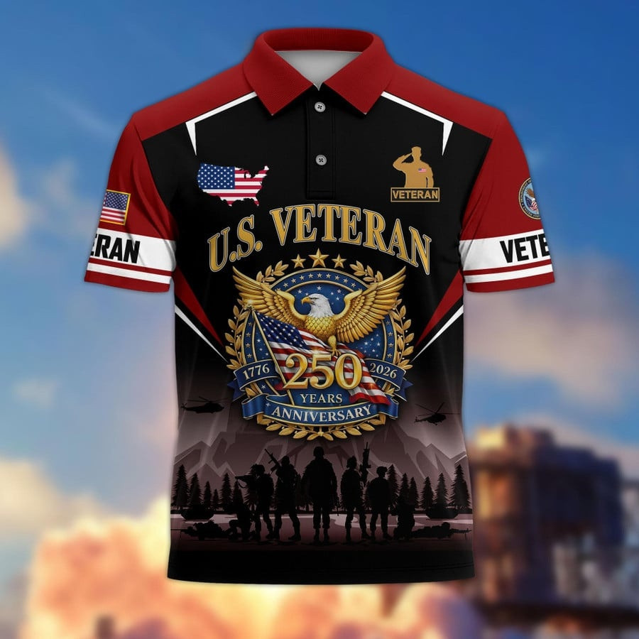 America 250 Years Anniversary US Veteran Polo Shirt Men's 4th Of July Outfits Veteran Gifts America 250 Years Anniversary US Veteran Polo Shirt Men's 4th Of July Outfits Veteran Gifts - Image 1