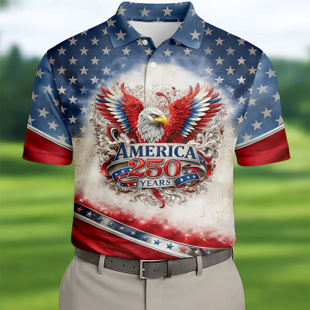 America 250 Years Badge Eagle Polo Shirt Patriotic Golf Apparel Men's 4th of July Gift