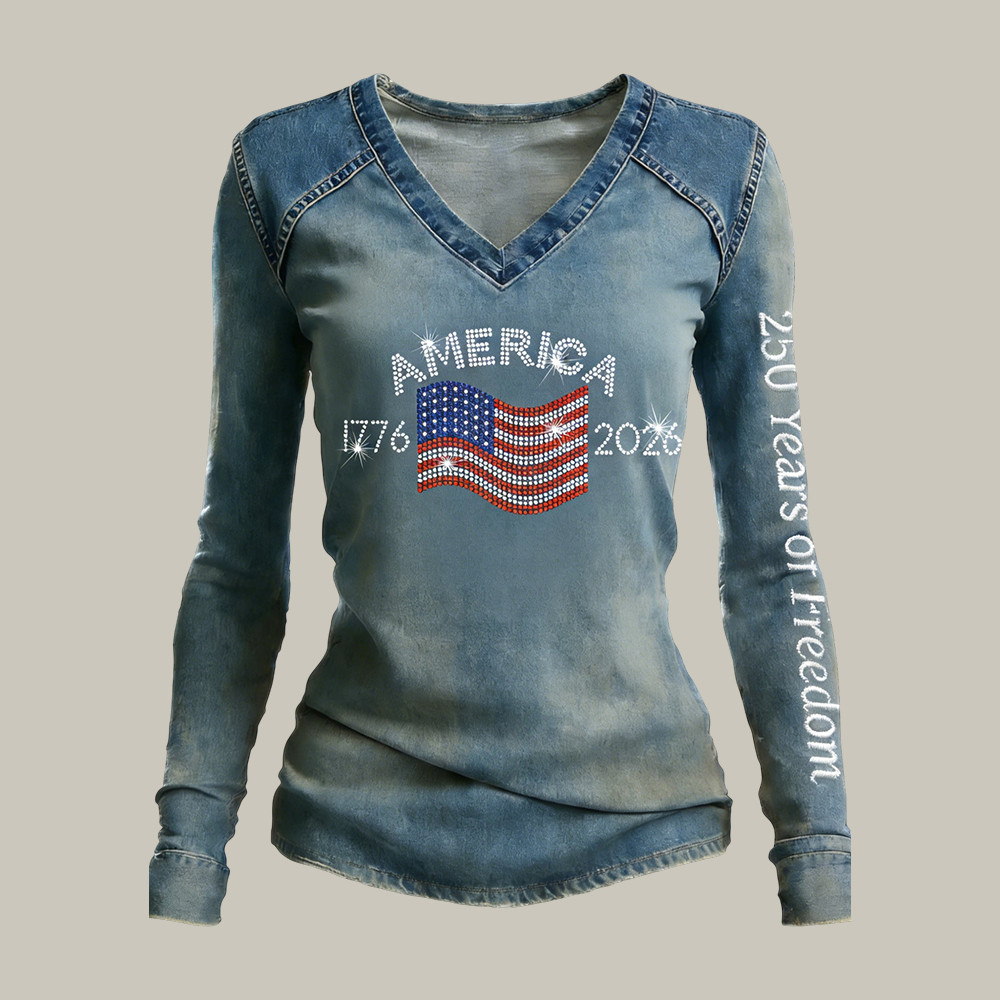 America 250 Years Of Freedom 1776 2026 V-Neck Long Sleeve Shirt Fourth Of July Apparel