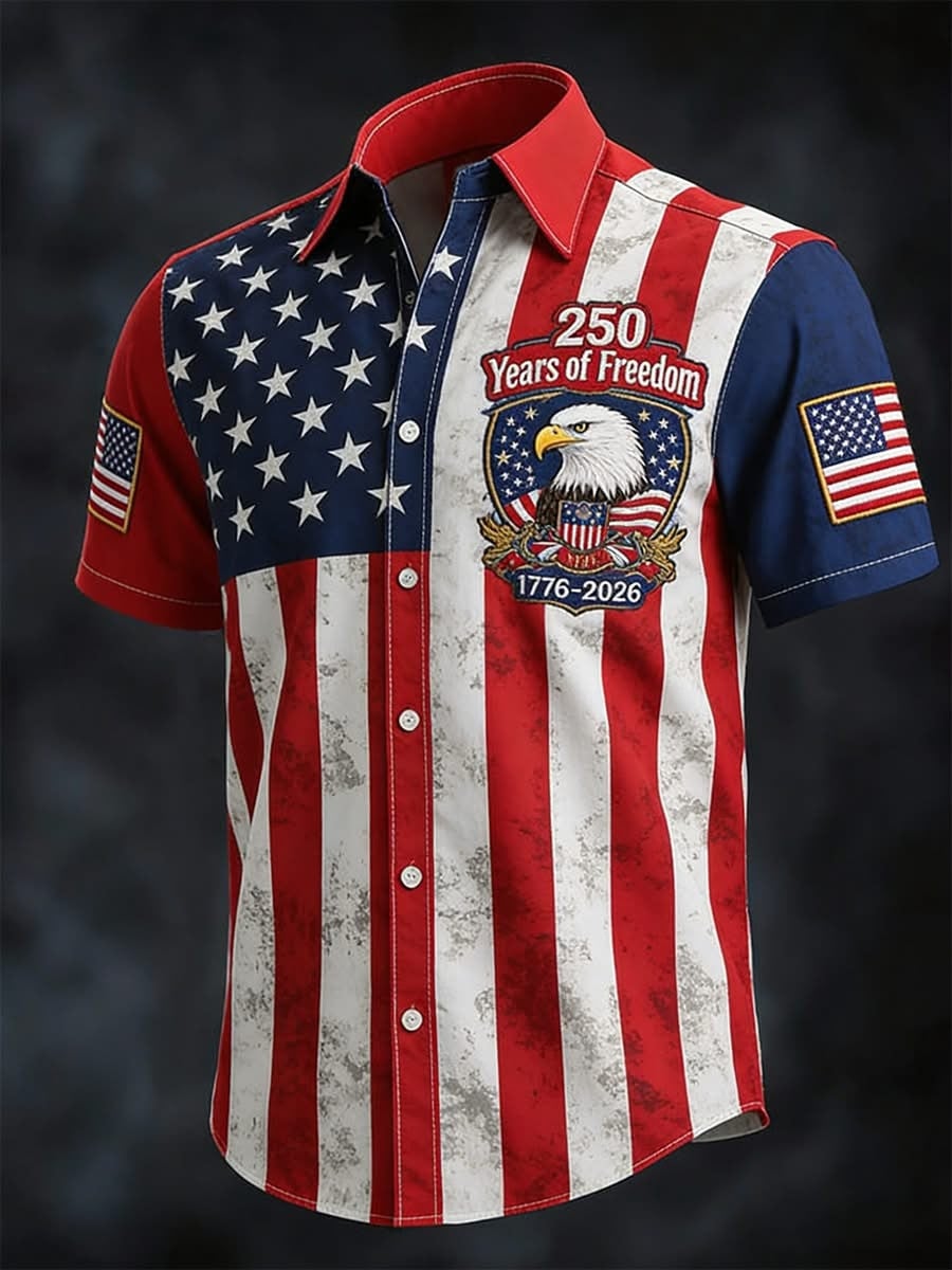 America 250 Years Of Freedom Button Up Shirt Men's American Flag 1776 2026 Merch Patriotic Gift