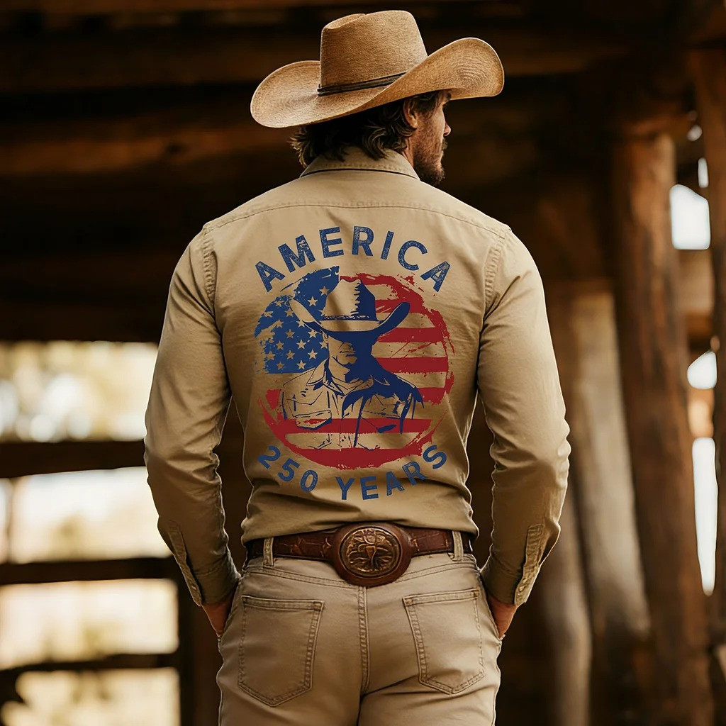 America 250 Years Patriotic Cowboy Long Sleeve Button Up Shirt Cowboy Culture Apparel