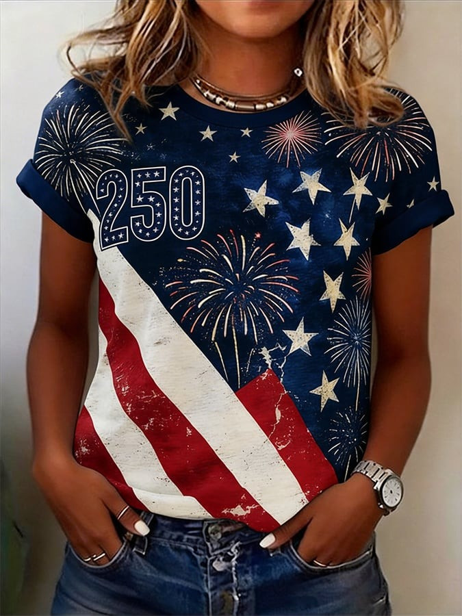 America 250 Years Patriotic T-Shirt 1776 2026 Fireworks USA Flag Apparel Gift For Her
