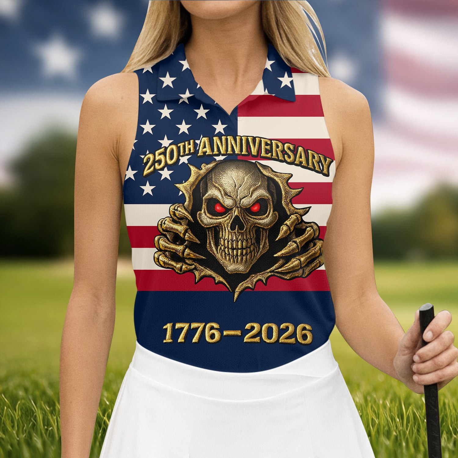 America 250 Years Sleeveless Polo Shirt Cool Skull American Flag Apparel Gifts For Ladies