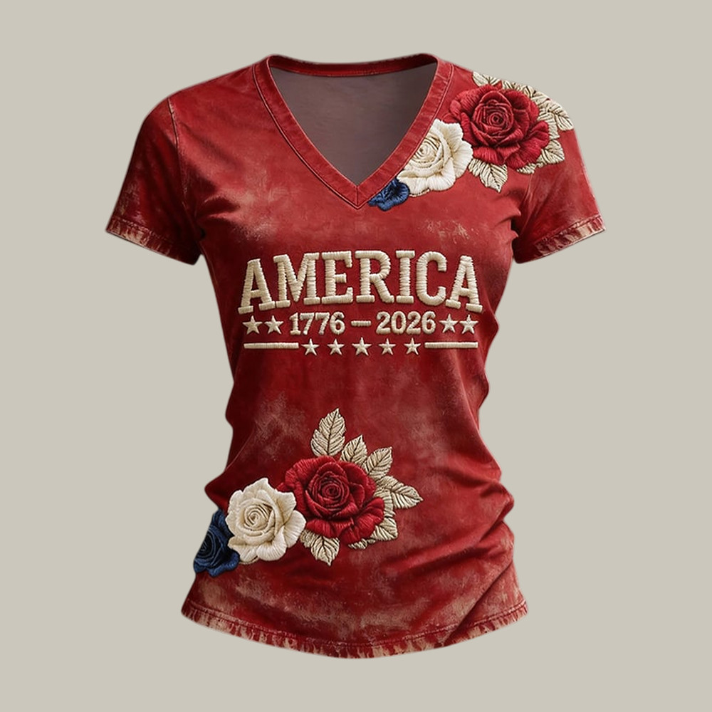America 250th Anniversary 1776 2026 Floral V-Neck Shirt 4th Of July Attire Gift For Girlfriend