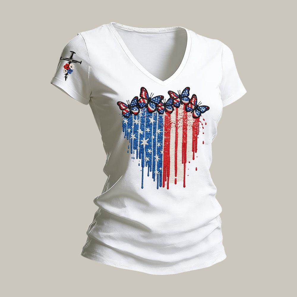 America 250th Anniversary Butterfly V-Neck Shirt July 4 Outfits Present For Mother America 250th Anniversary Butterfly V-Neck Shirt July 4 Outfits Present For Mother - Image 1