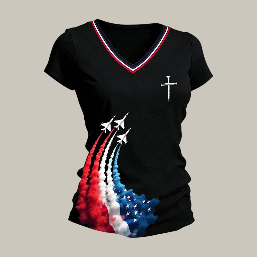 America 250th Anniversary Faith Cross V-Neck Shirt Independence Day Clothing Best Gift For Patriots America 250th Anniversary Faith Cross V-Neck Shirt Independence Day Clothing Best Gift For Patriots - Image 1