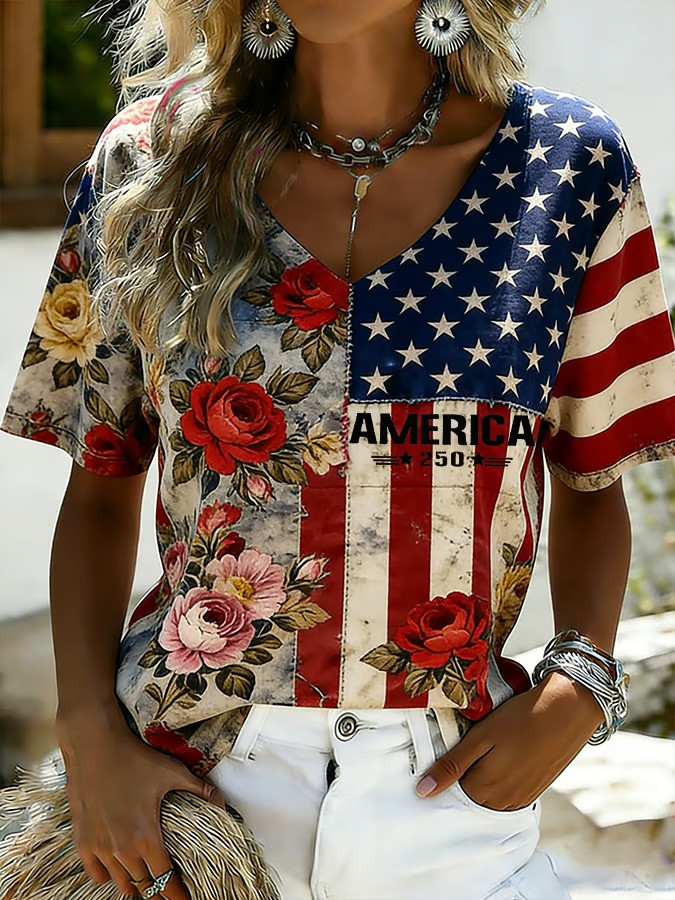 America 250th Anniversary Floral V-Neck Shirt Patriotic USA Stars 4th Of July Best Gift For Mom