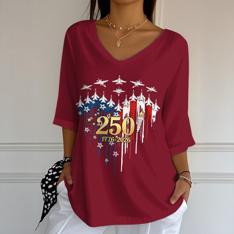 America 250th Anniversary Flying Jets V-Neck Long Sleeve Shirt Independence Day Apparel