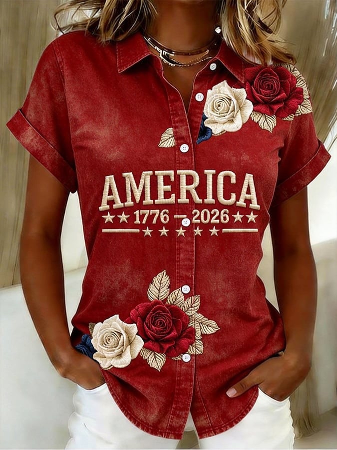 America 250th Anniversary Hawaiian Button Shirt Patriotic Floral USA 1776 2026 Gift For Her