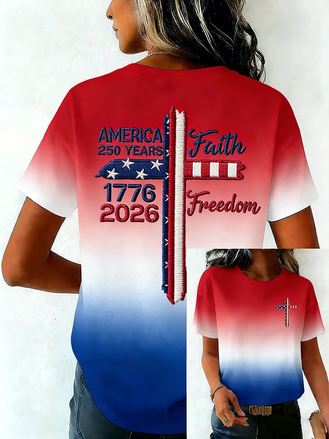 America 250th Anniversary Shirt Womens Faith Freedom Print T-Shirt Tribute Gift