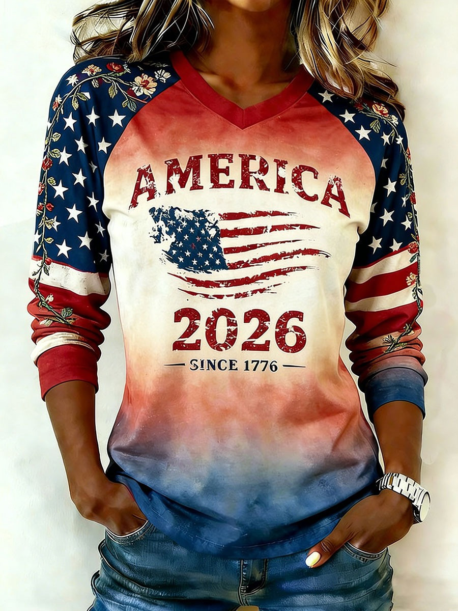 America 250th Anniversary Since 1776 V-Neck Long Sleeve Shirt Women's Patriotic Apparel 2026