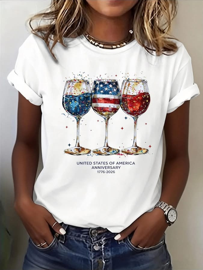 America 250th Anniversary T-Shirt Wine Glasses USA Flag 1776 2026 Patriotic Apparel Women's