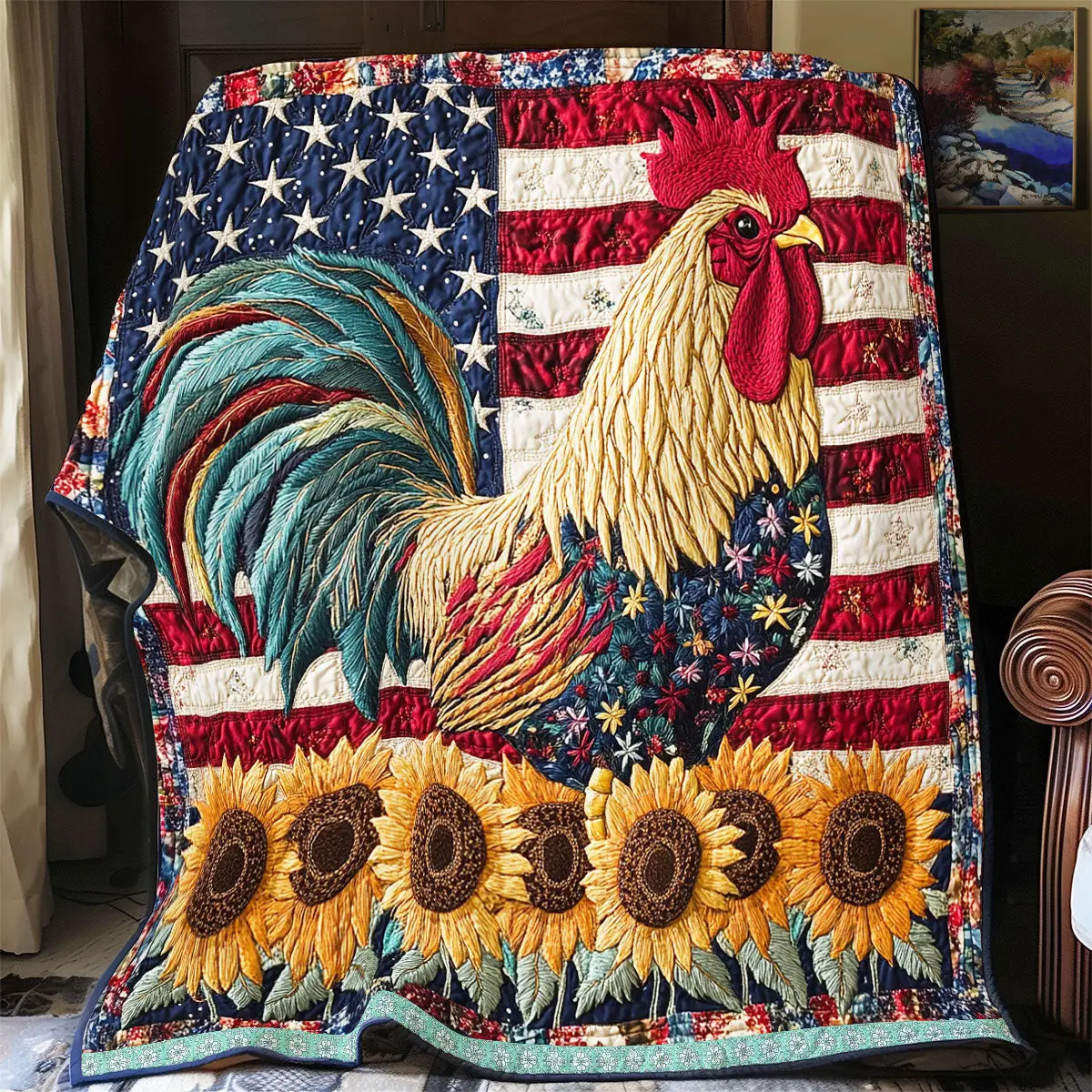 America Chicken Quilt Blanket Suowers USA Flag Patriotic Gifts With Chickens On Them