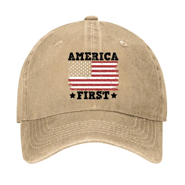 America First With USA Flag Print Cap Funny Graphic Tee for Men – Adult Humor Shirt