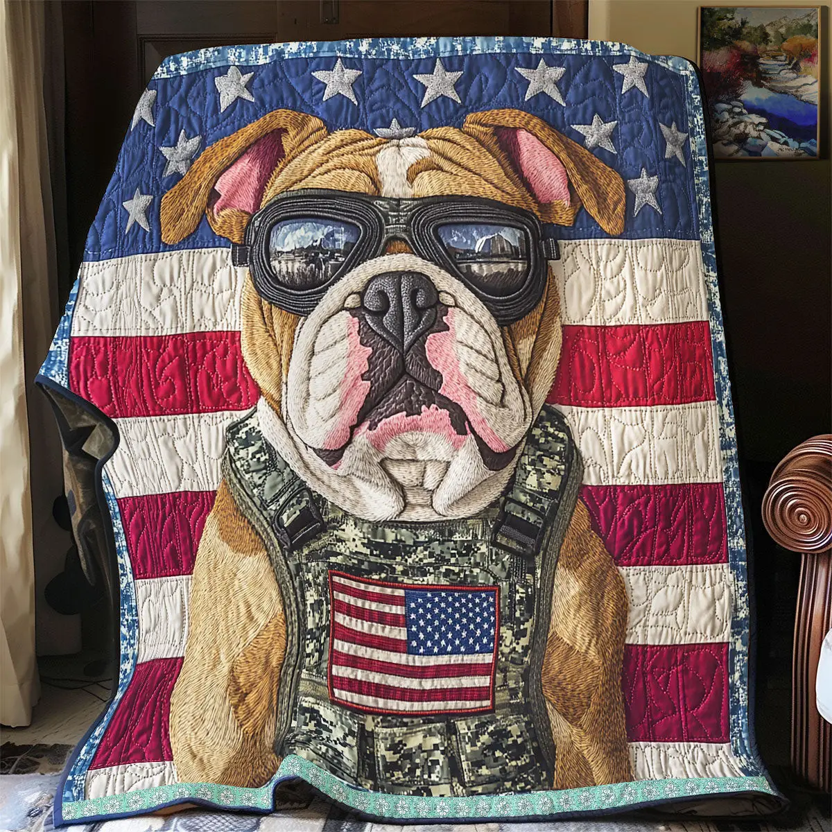 America Military Bulldog Quilt Blanket USA Flag Patriotic Gifts For French Bulldog Lovers