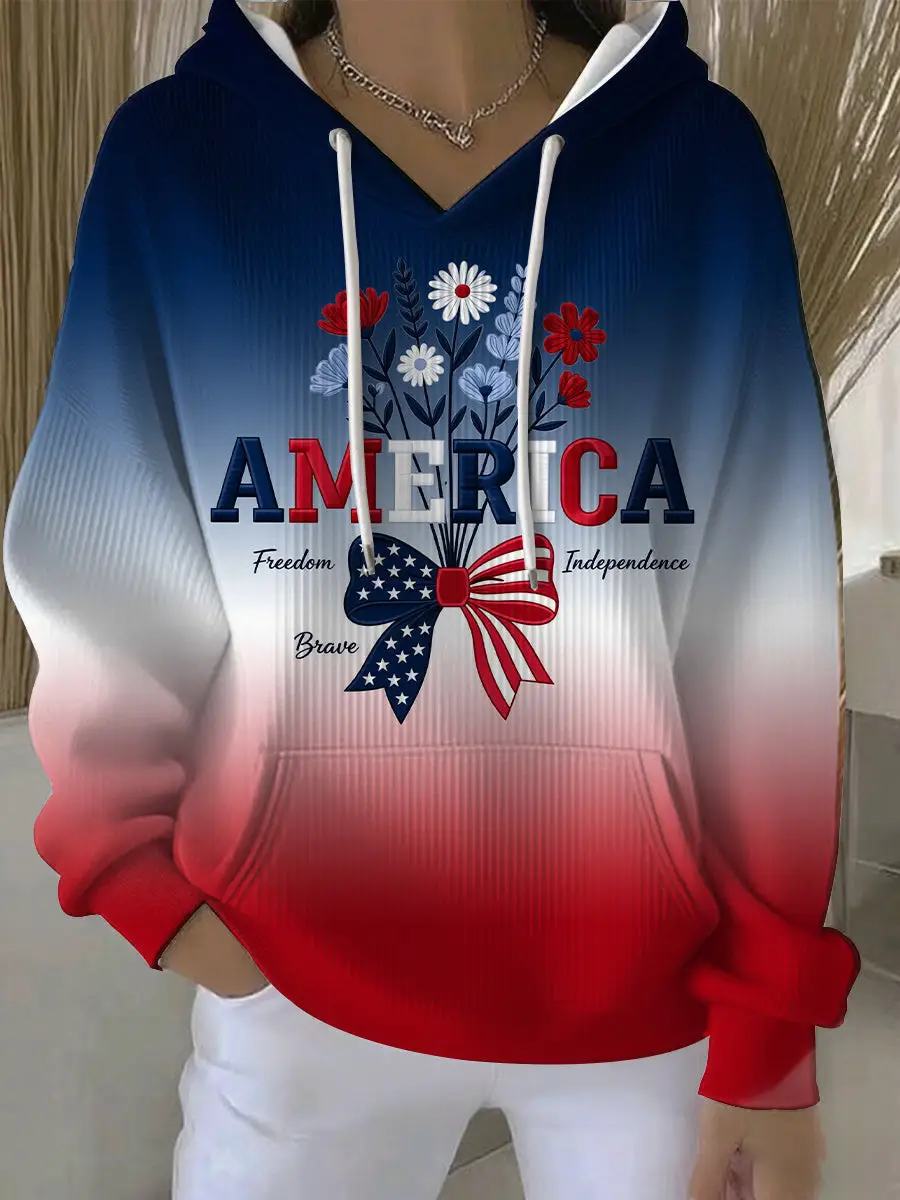 America Patriotic Floral Bow Hoodie Independence Freedom Pullover Gift For Women