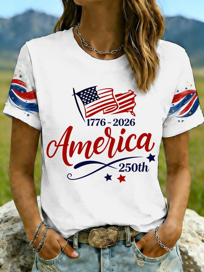 American 250Th Anniversary T-Shirt 1776 2026 USA Flag Print Clothes Great Gift For Women