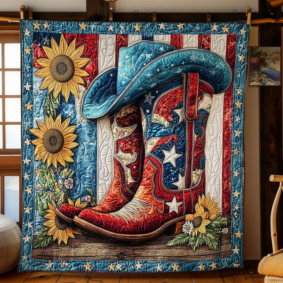 American Boot Quilt Blanket USA Flag Suowers Military Blanket Memorial Gifts For Patriots