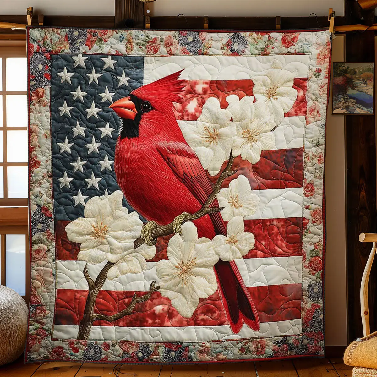 American Cardinal Quilt Blanket USA Flag Military Blanket Gifts For Cardinal Lovers
