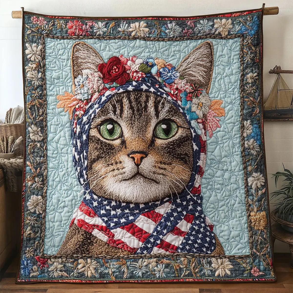 American Catlight Quilt Blanket USA Flag 4th Of July Themed Patriotic Gifts For Cat Lovers