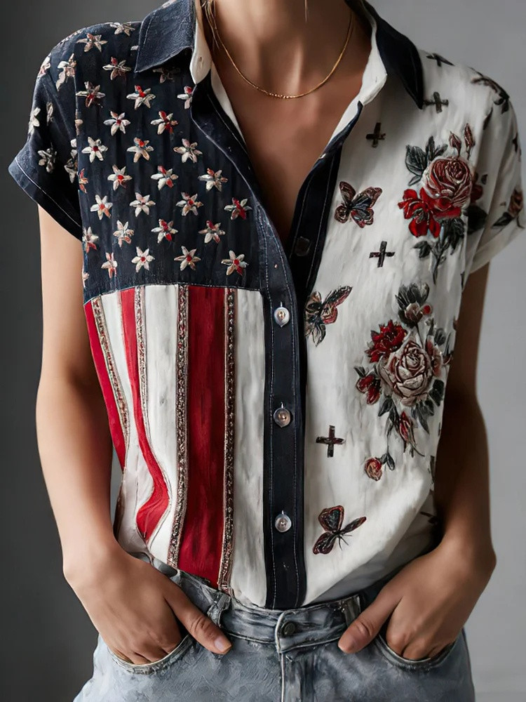 American Flag Butterfly Rose Button Up Shirt Womens Shirts Patriotic 250th Anniversary Gift