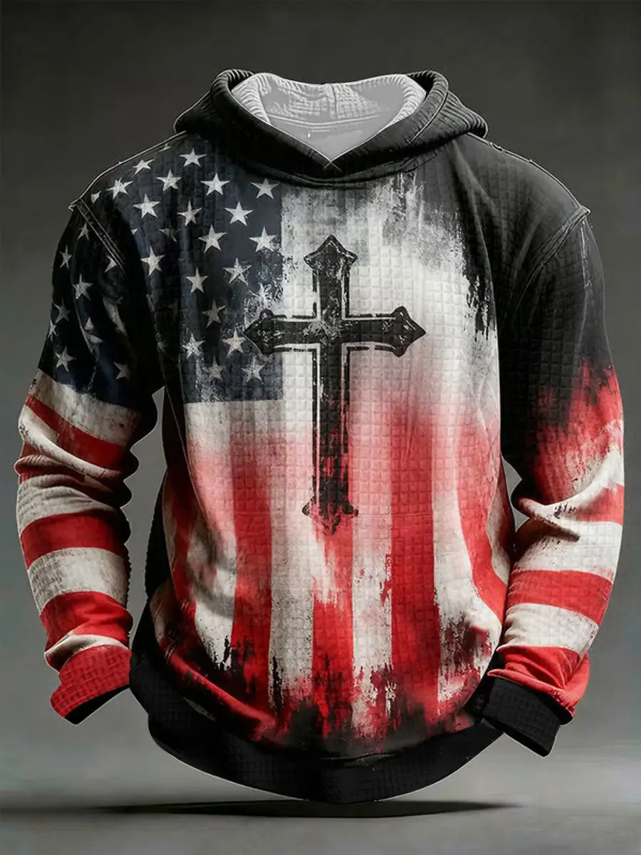 American Flag Cross Waffle Hoodie Bible Verse Faith Clothing Men’s Christian Faith Gift American Flag Cross Waffle Hoodie Bible Verse Faith Clothing Men’s Christian Faith Gift - Image 1