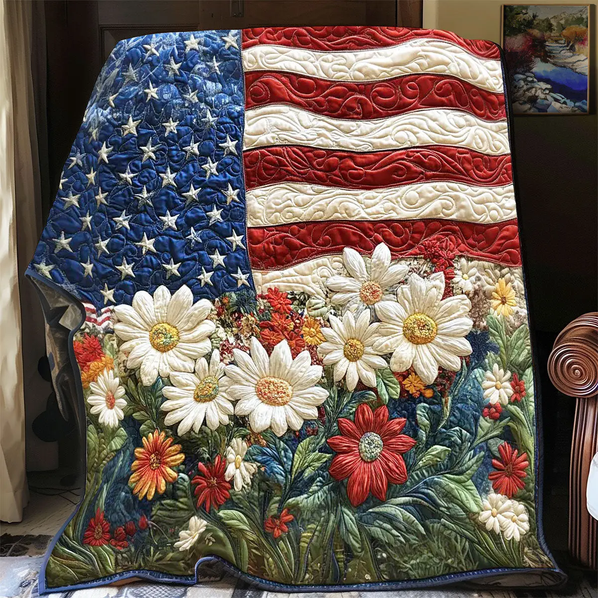 American Floral Quilt Blanket USA Flag Christmas Gifts For Flower Lovers