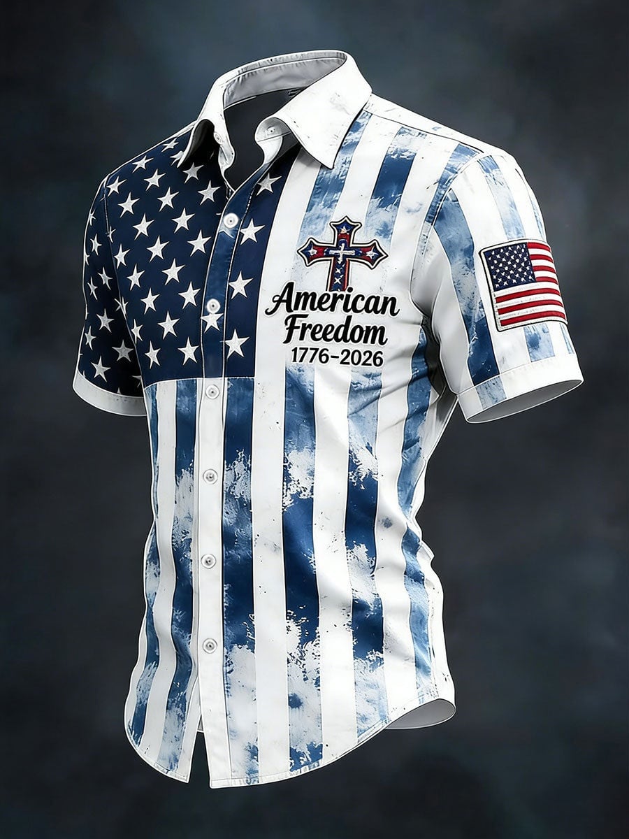American Freedom 1776 2026 Button Up Shirt Mens Shirts 250th Anniversary Patriotic Gift