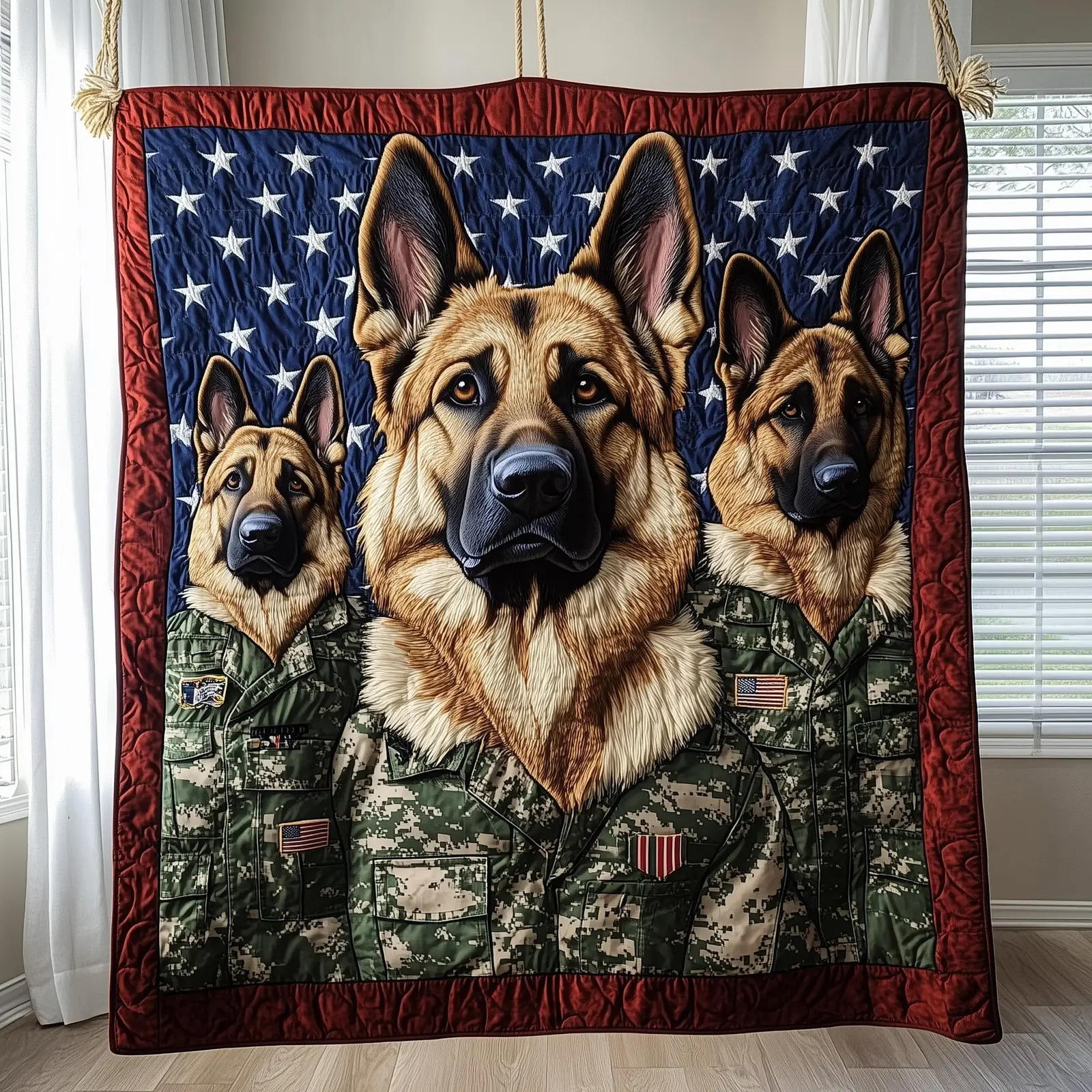 American Hero K9 Quilted Blanket Military German Shepherd Quilt Patriotic Gift Ideas